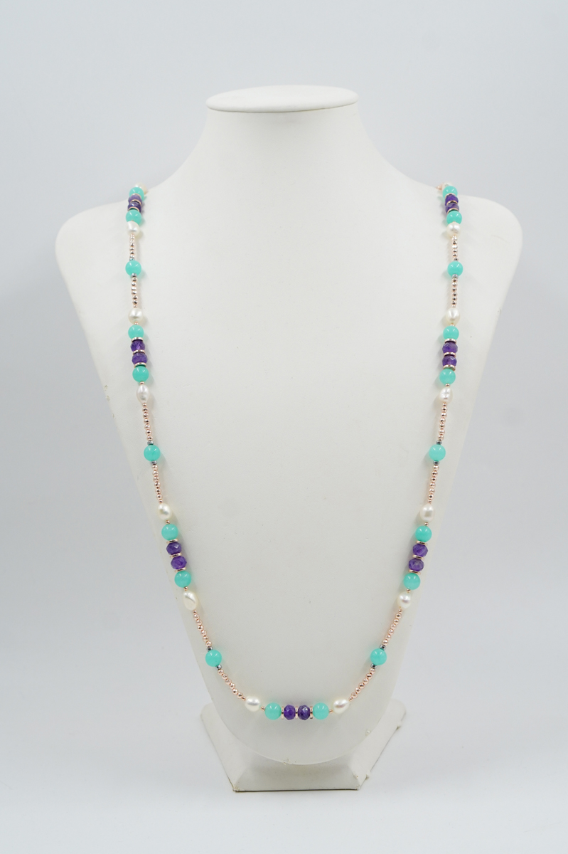 Collana in ematite, quarzo, ametista, perla, chiusura in argento rodiato - immagine 2