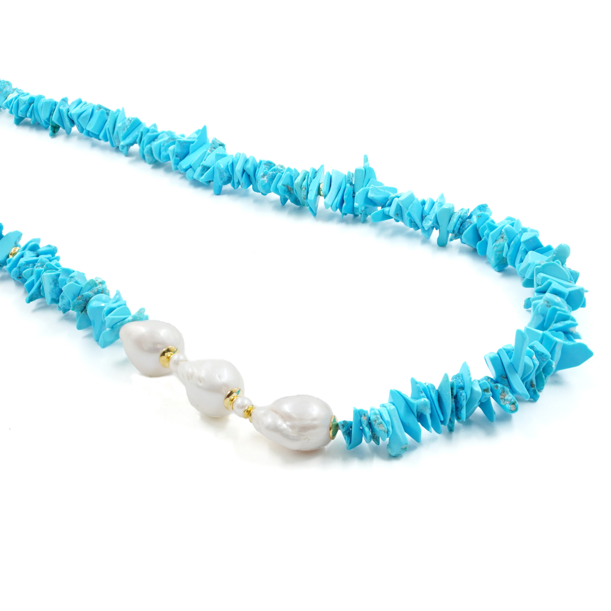 Collana in turchese, perla, chiusura in argento dorato