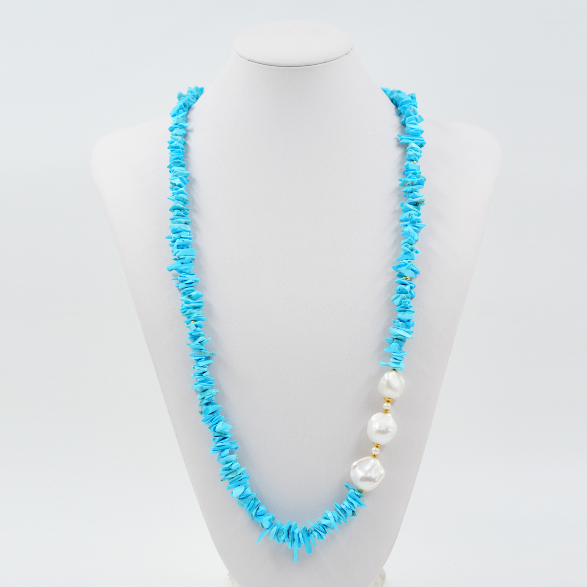 Collana in turchese, perla, chiusura in argento dorato - immagine 2