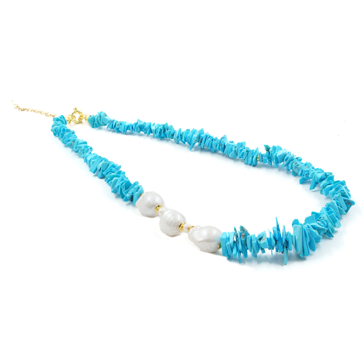 Collana in turchese, perla, chiusura in argento dorato