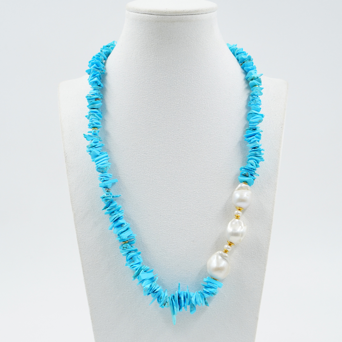 Collana in turchese, perla, chiusura in argento dorato - immagine 2