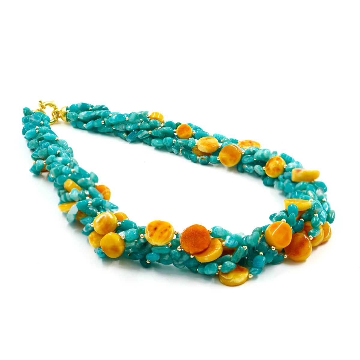 Collana Multifilo in amazzonite, ambra, chiusura in argento dorato