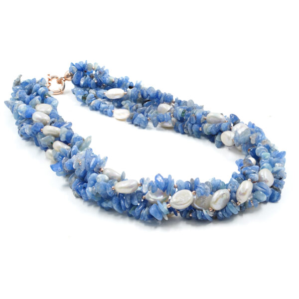 Collana Multifilo in cianite, perla, chiusura in argento rosè
