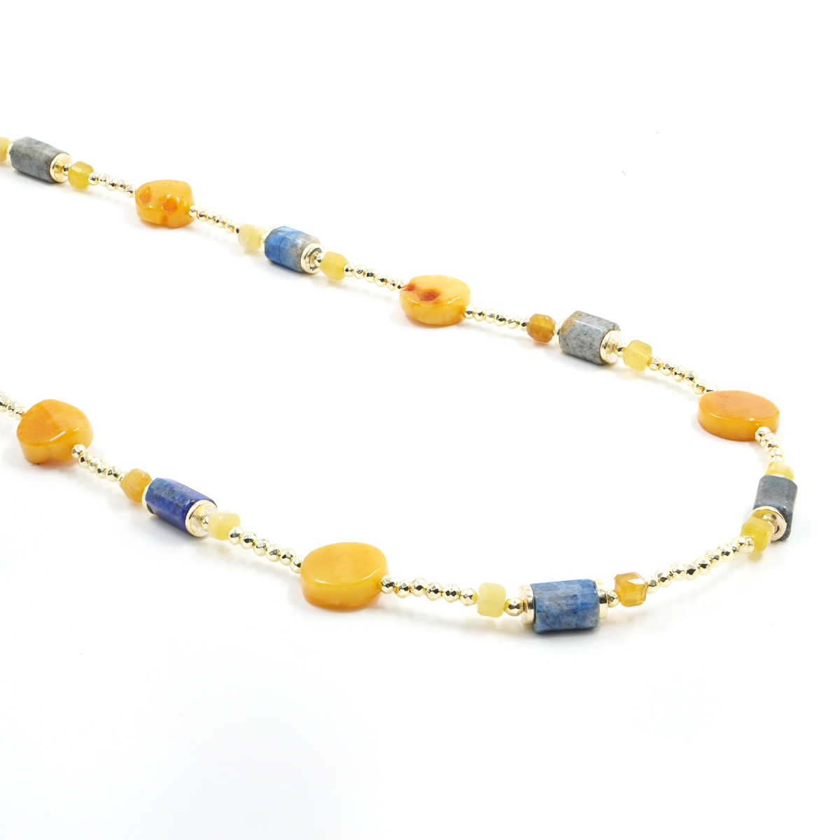 Collana in ematite, lapis, opale, ambra, chiusura in argento dorato