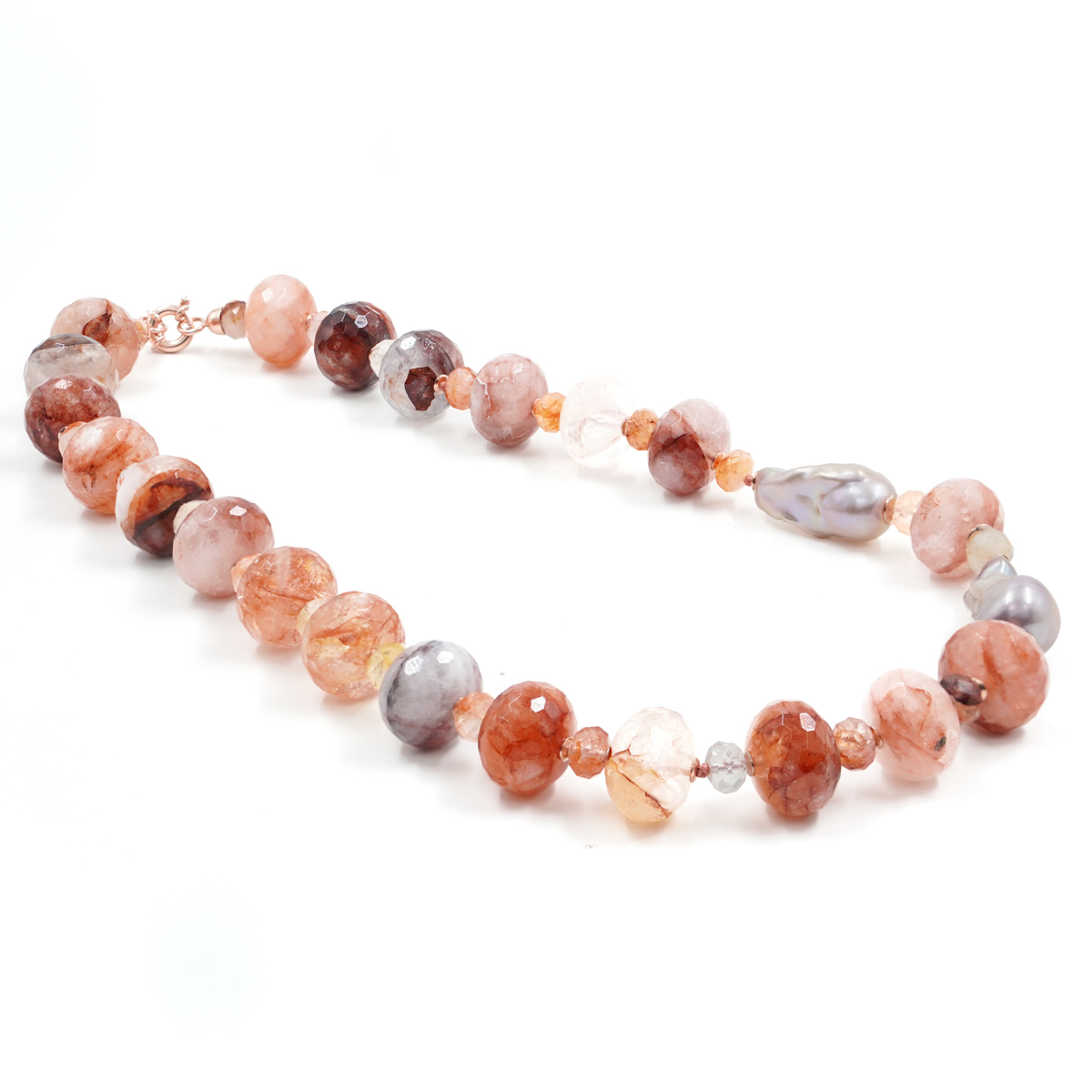 Collana in quarzo, perla, chiusura in argento rosè