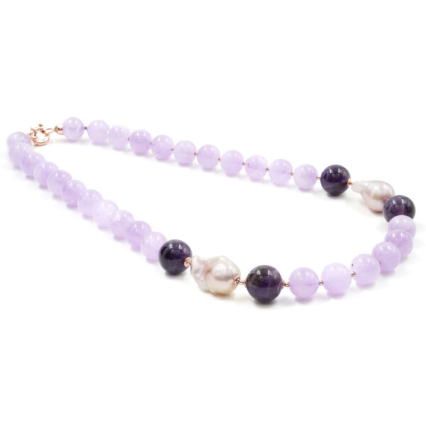 Collana in ametista, perla, chiusura in argento rosè