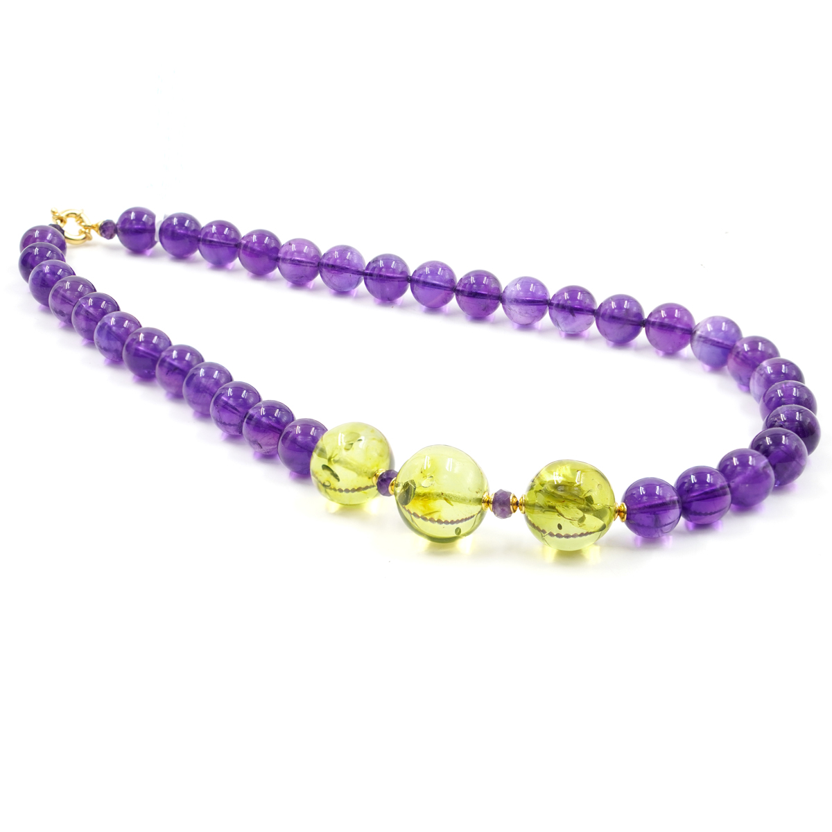 Collana in ametista, ambra, chiusura in argento dorato