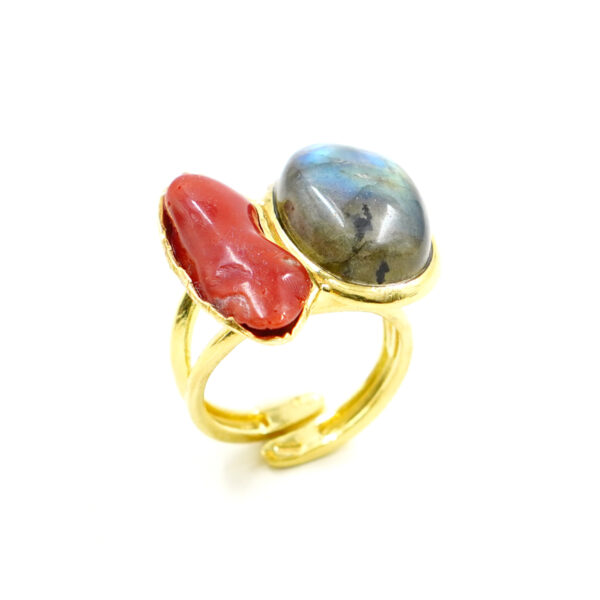 Anello Argento con Corallo, Labradorite – Dorato