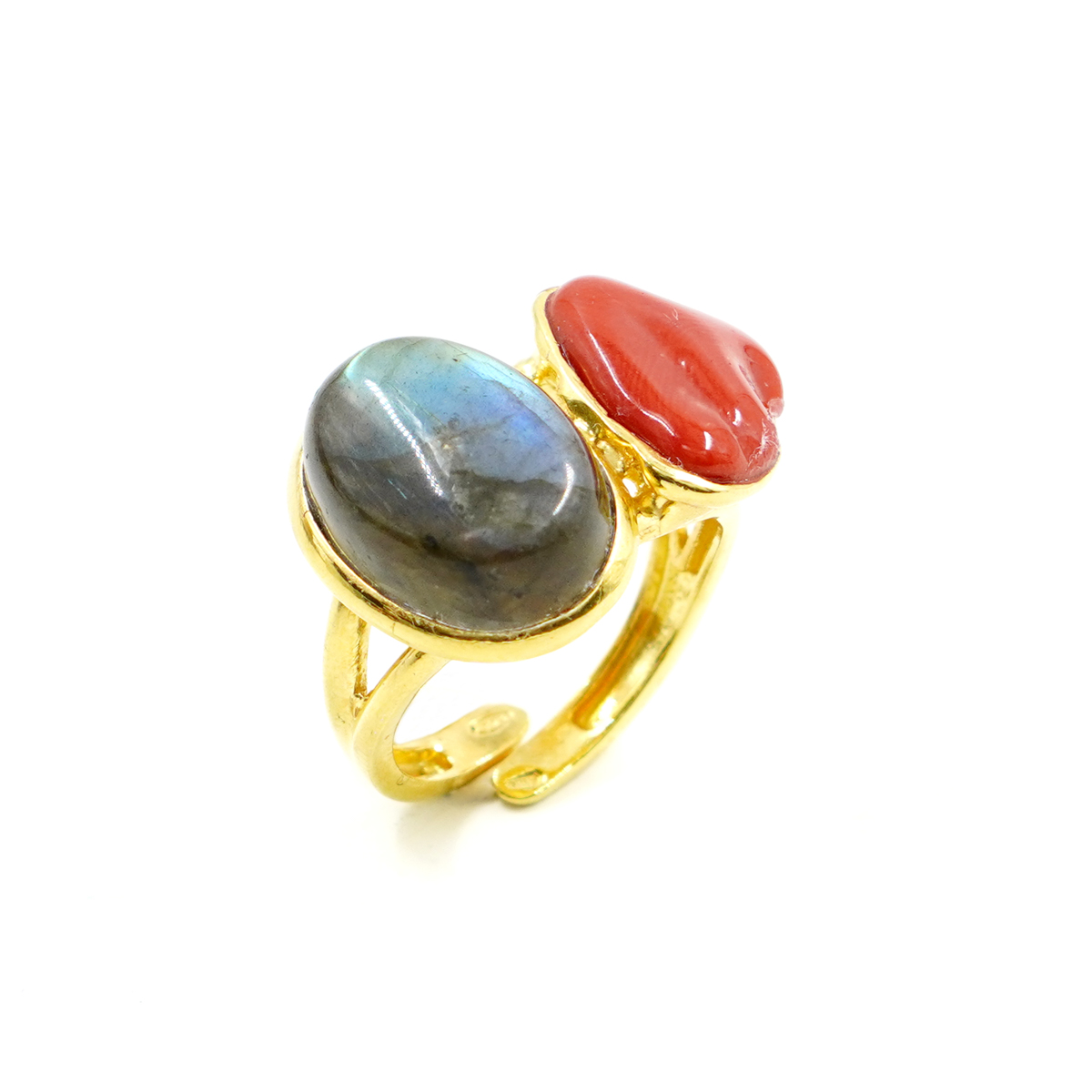 Anello Argento con Corallo, Labradorite – Dorato - immagine 2