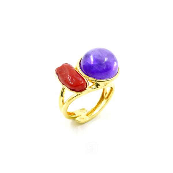 Anello Argento con Corallo, Ametista – Dorato