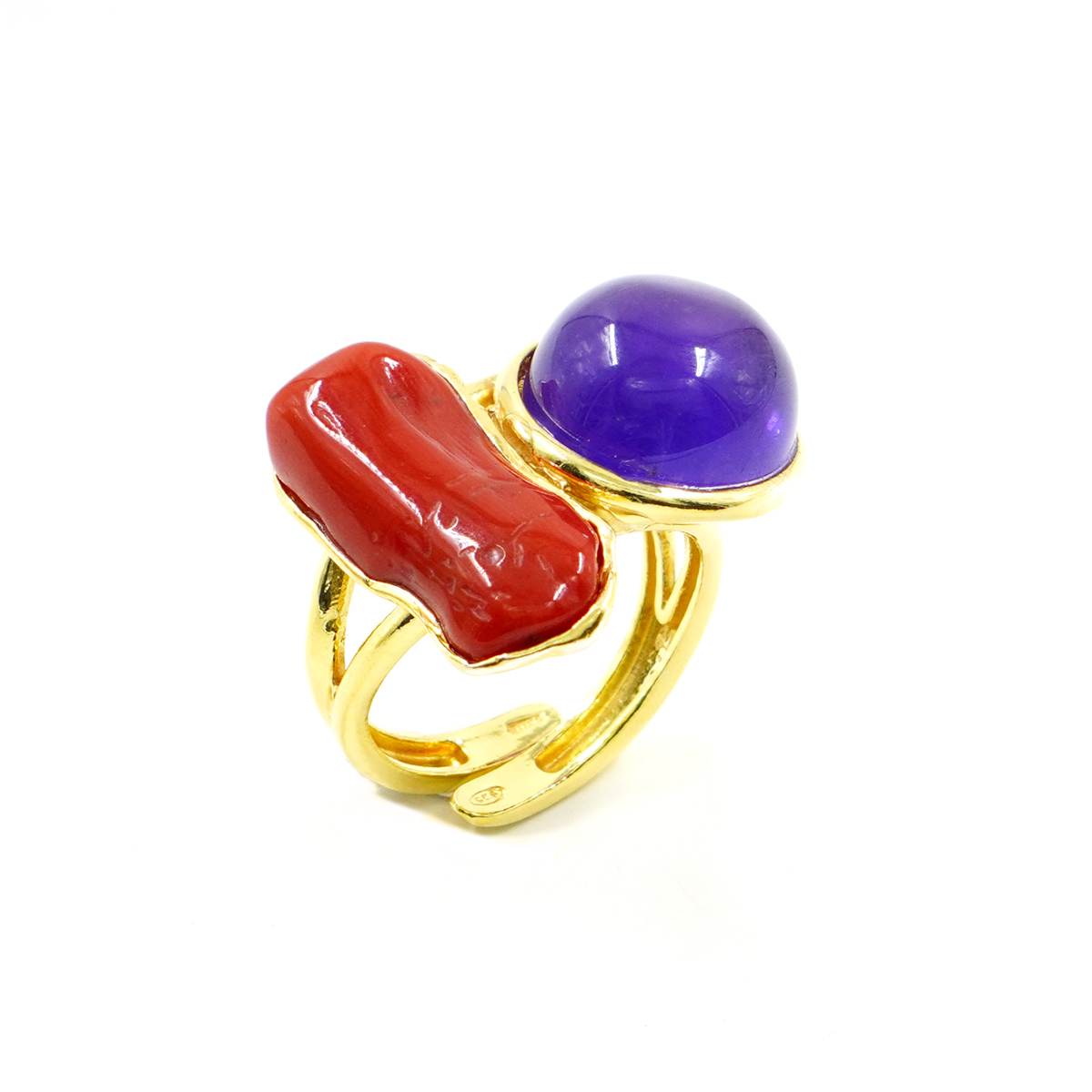Anello Argento con Corallo, Ametista – Dorato - immagine 2