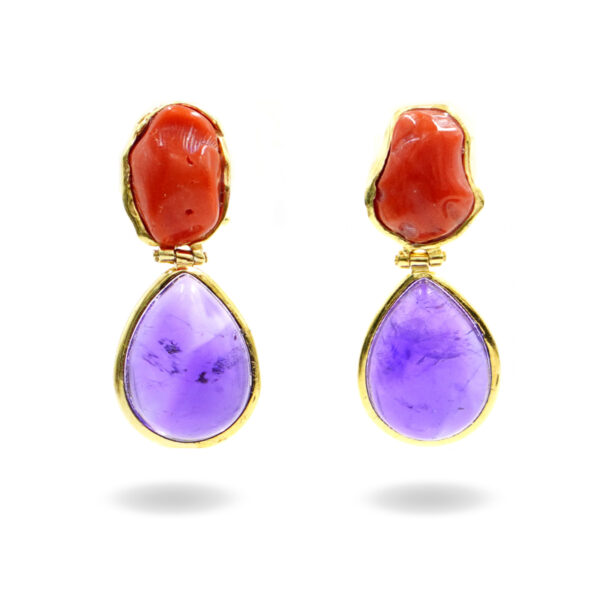 Orecchini Argento con Corallo, Ametista – Dorato