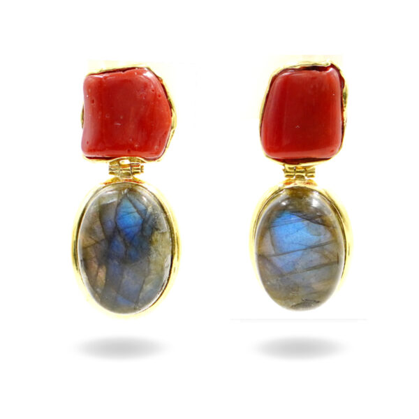 Orecchini Argento con Corallo, Labradorite – Dorato