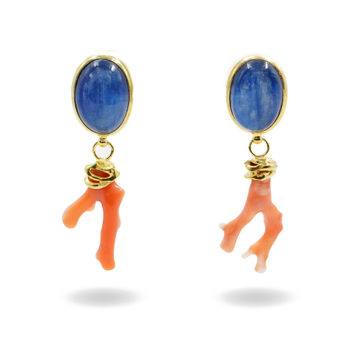 Orecchini Argento con Cianite, Corallo - Dorato
