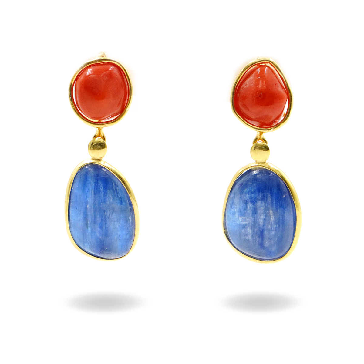 Silver earrings with kyanite, coral - golden color