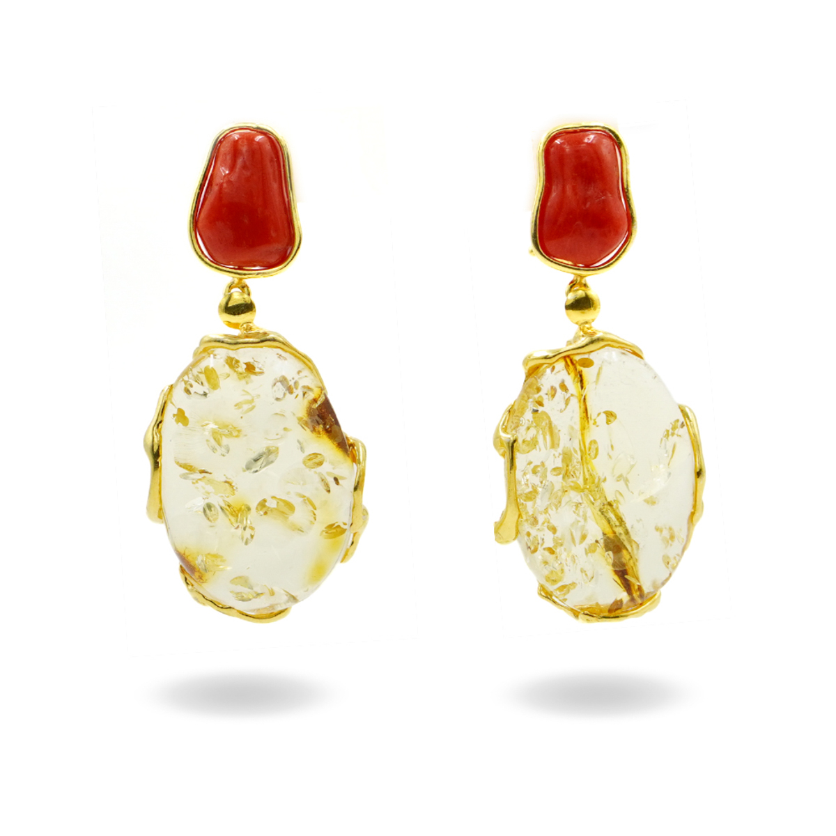 Orecchini Argento con Ambra, Corallo - Dorato