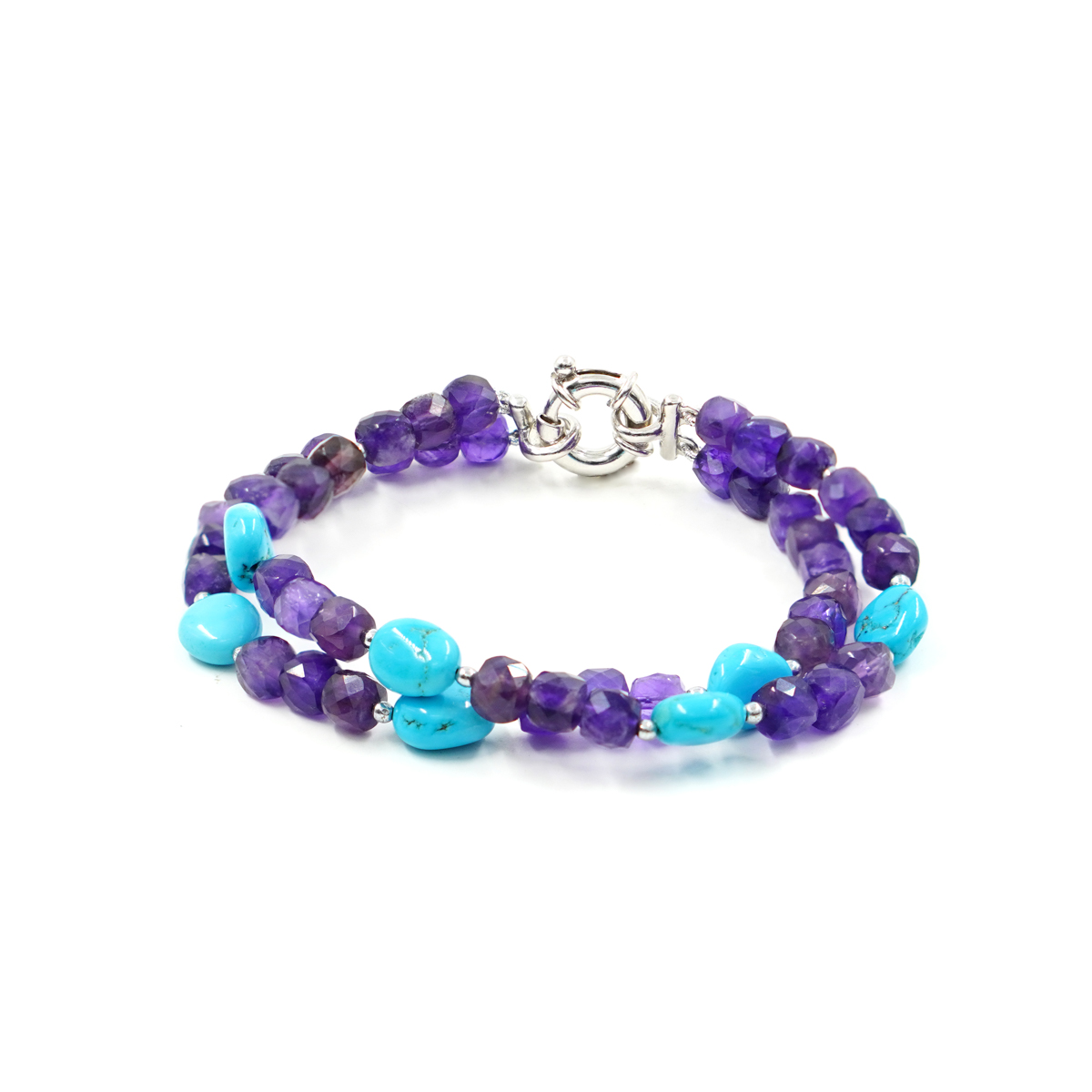 Bracciale in ametista, turchese, chiusura argento rodiato