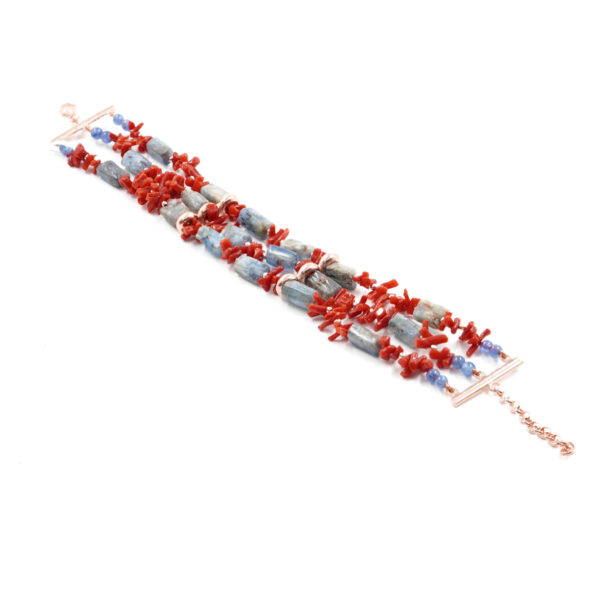 Bracciale in cianite, corallo, chiusura argento rosè