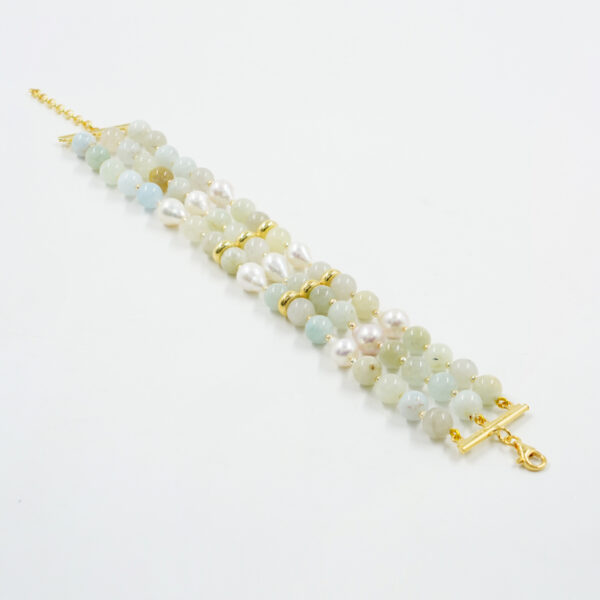 Bracciale in acquamarina, perle, chiusura argento dorato