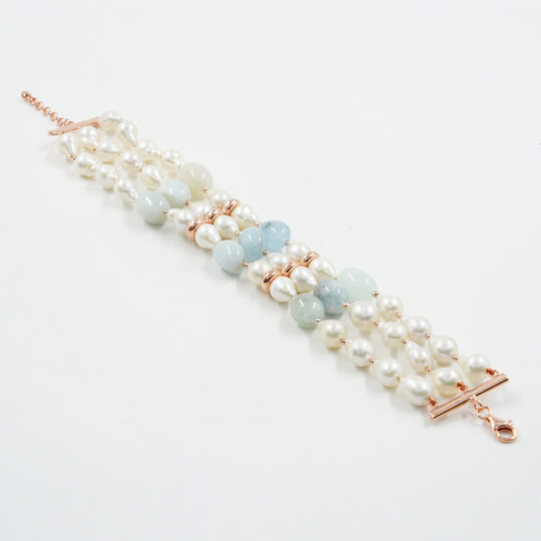 Bracciale in perle, acquamarina, chiusura argento rosè