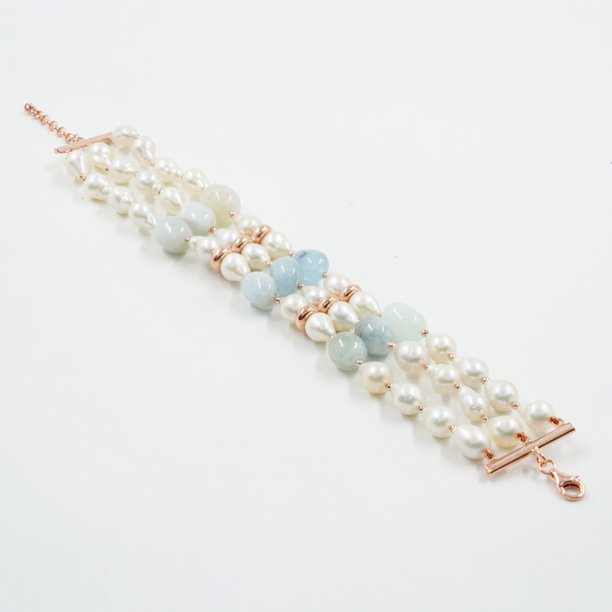Bracciale in perle, acquamarina, chiusura argento rosè