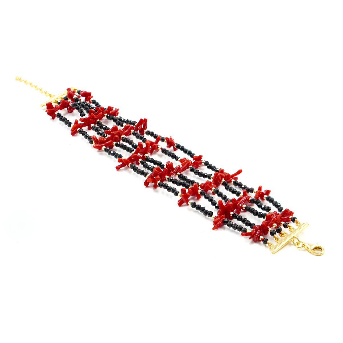 Bracciale in spinello, corallo, chiusura argento dorato