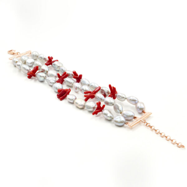 Bracciale in perle, corallo, chiusura argento rosè