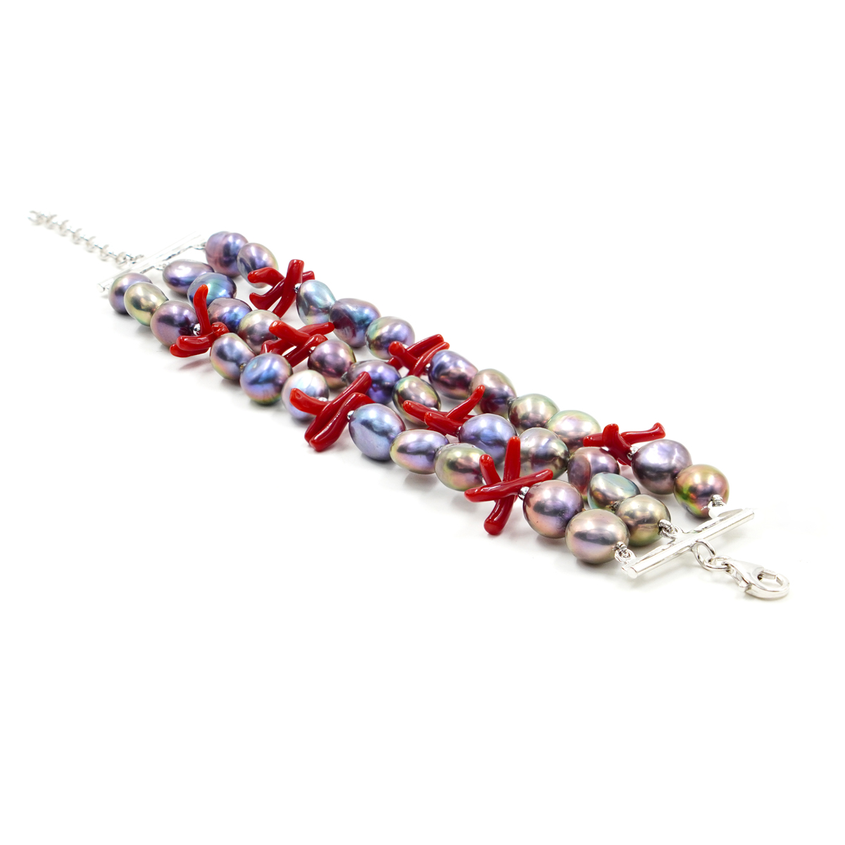 Bracciale in perle, corallo, chiusura argento rodiato