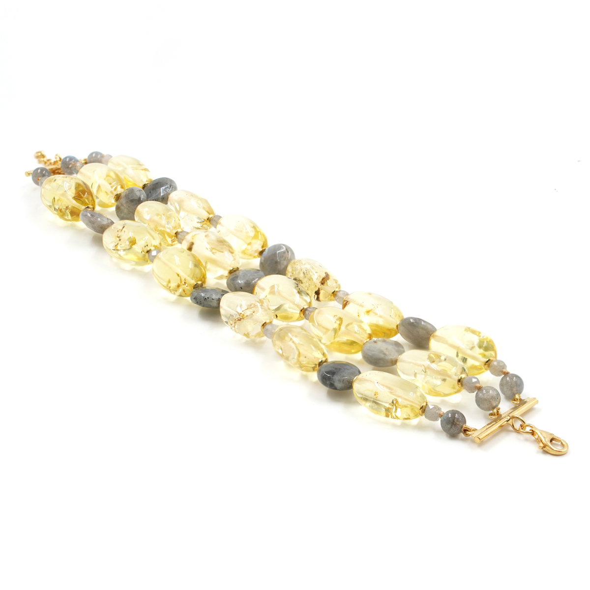 Bracciale in ambra, labradorite, chiusura argento dorato