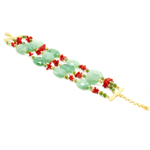 Bracciale in quarzo, giada, corallo, chiusura argento dorato