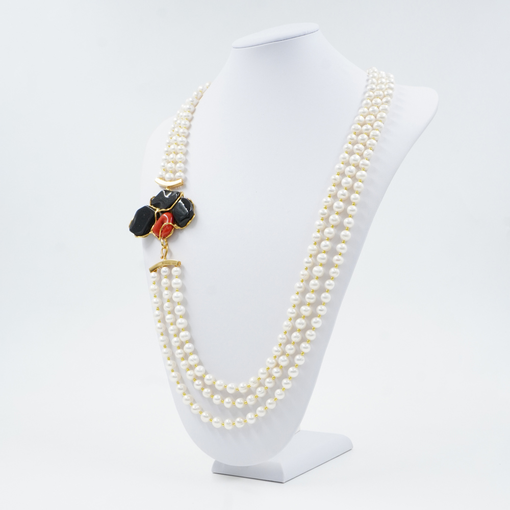 Collana in perle, agata, corallo, chiusura argento dorato - immagine 2