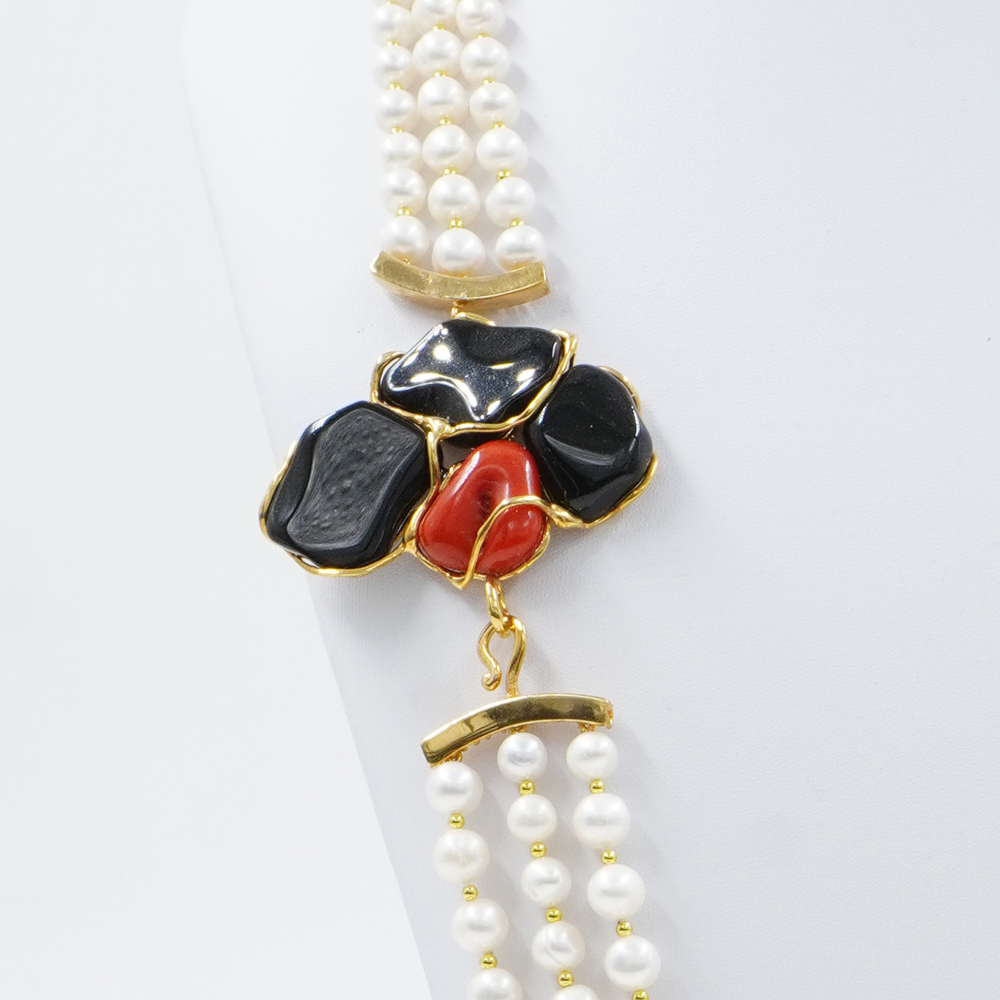 Collana in perle, agata, corallo, chiusura argento dorato - immagine 3