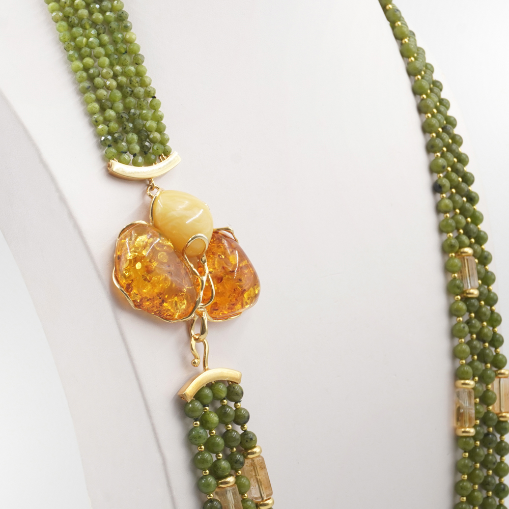 Collana in giada, ambra, chiusura argento dorato - immagine 3
