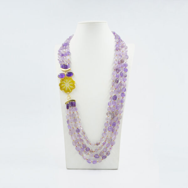 Collana in ametista, fiore pietra, chiusura argento dorato