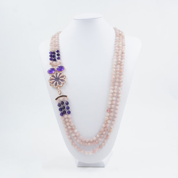 Collana in quarzo rosa, ametista, fiore pietra, chiusura argento rosè