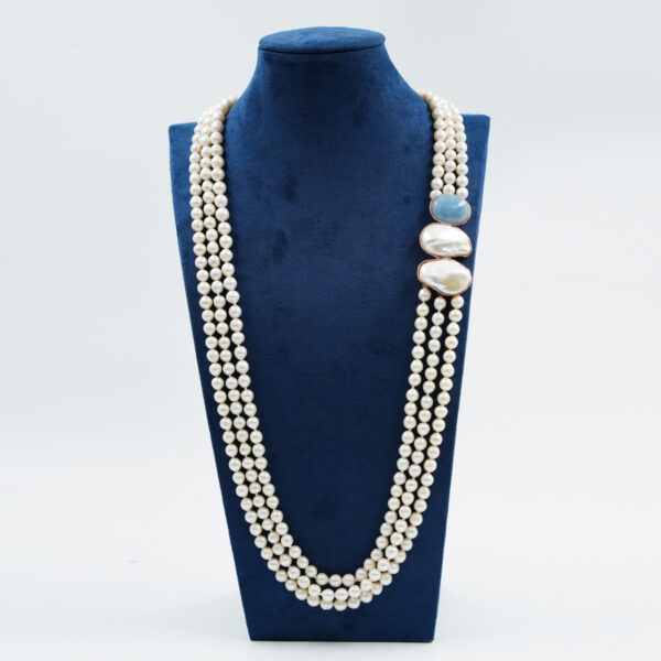 Collana in perle, acquamarina, chiusura argento rosè