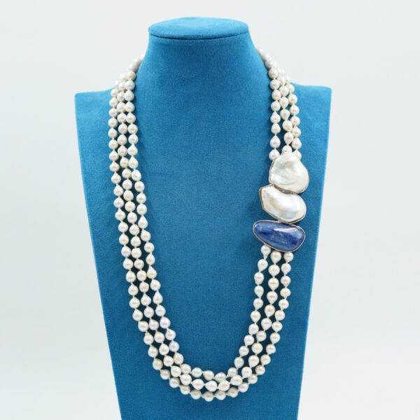 Collana in perle, cianite, chiusura argento rodiato