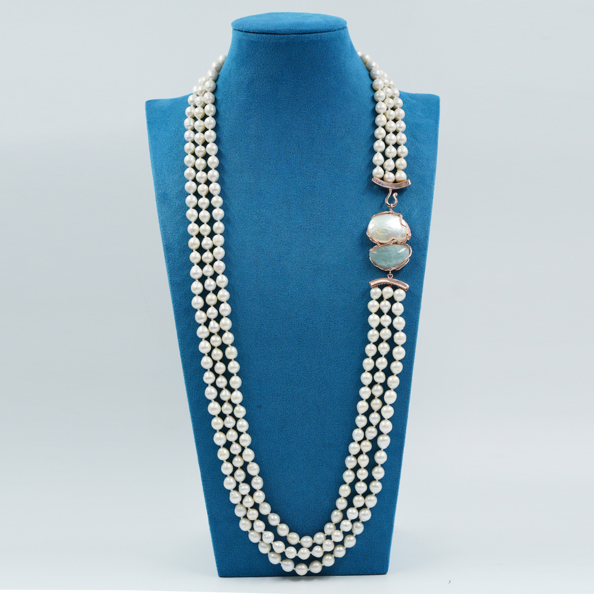 Collana in perle, acquamarina, chiusura argento rosè