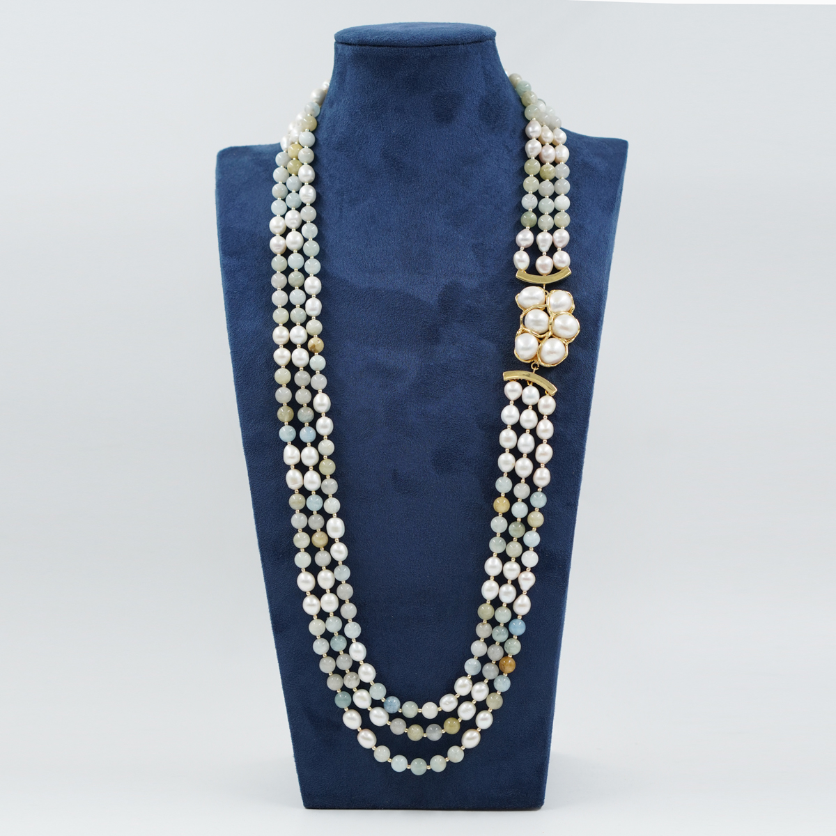 Collana in perle, acquamarina, chiusura argento dorato