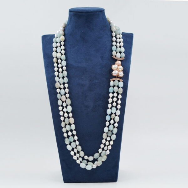 Collana in perle, acquamarina, chiusura argento rosè
