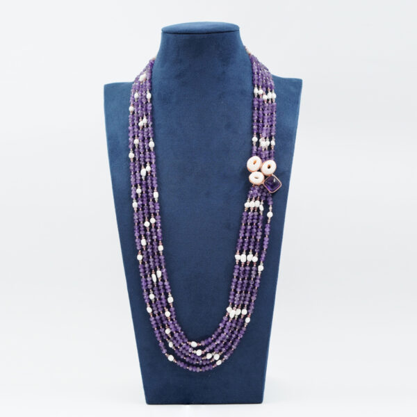 Collana in ametista, corallo, chiusura argento rosè