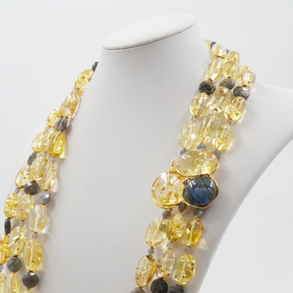 Collana in ambra, labradorite, chiusura argento dorato