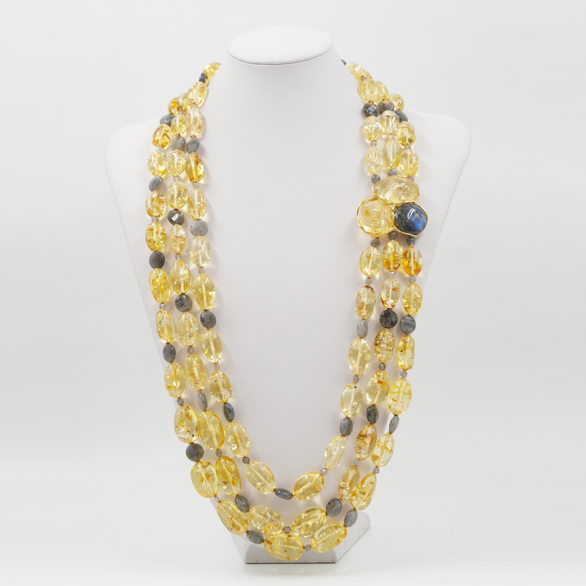 Collana in ambra, labradorite, chiusura argento dorato - immagine 2