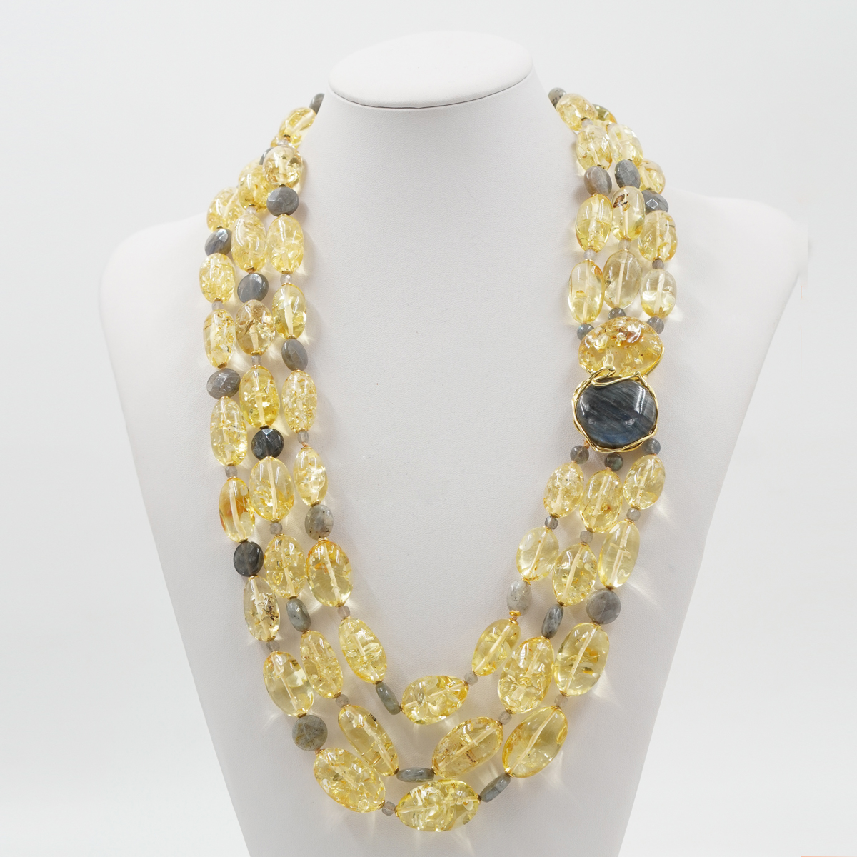 Collana in ambra, labradorite, chiusura argento dorato - immagine 2