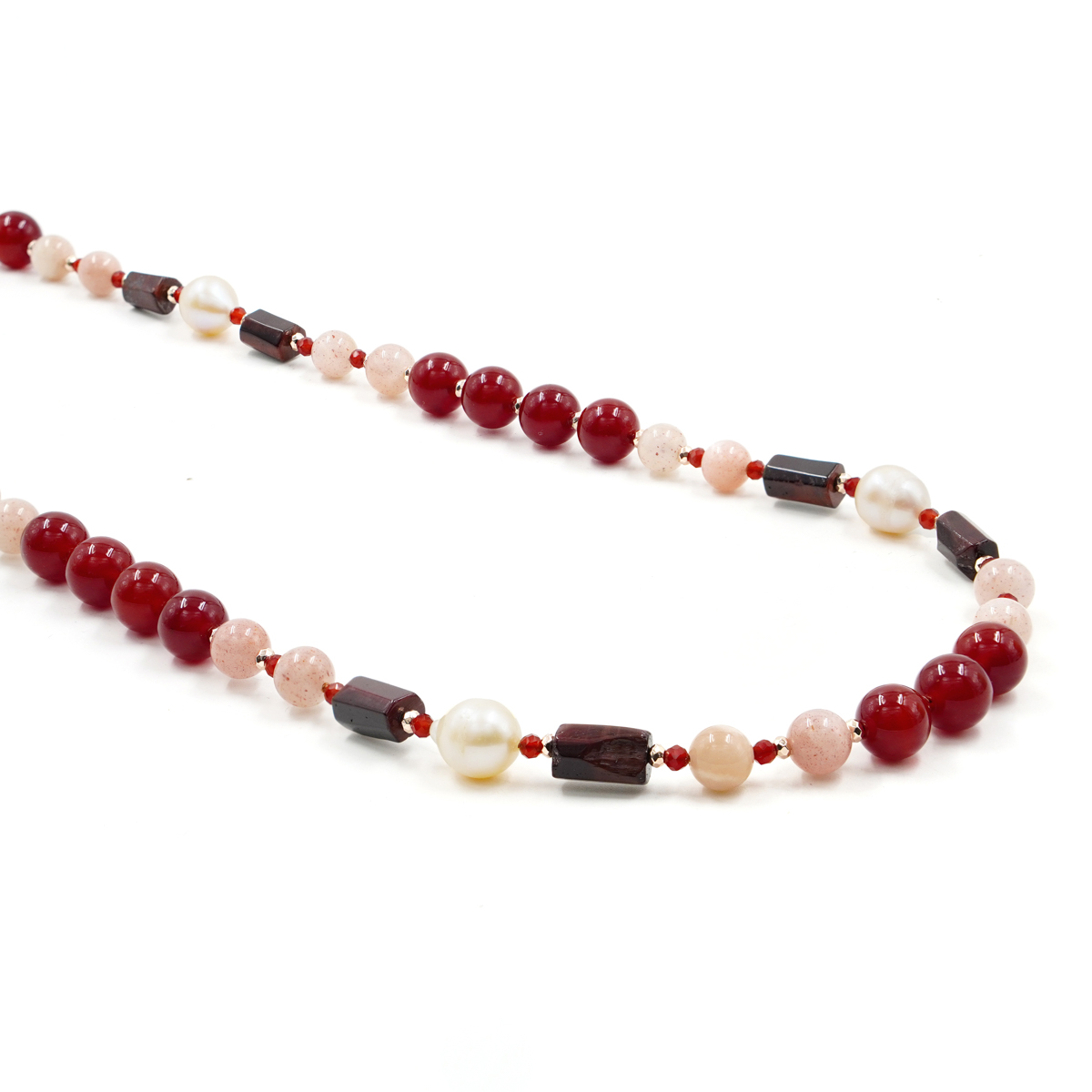 Collana in agata, pietra di Luna, perle, chiusura argento rosè