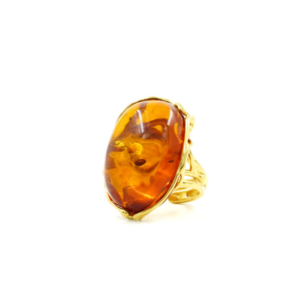 Anello Argento con Ambra Cognac &ndash; Dorato