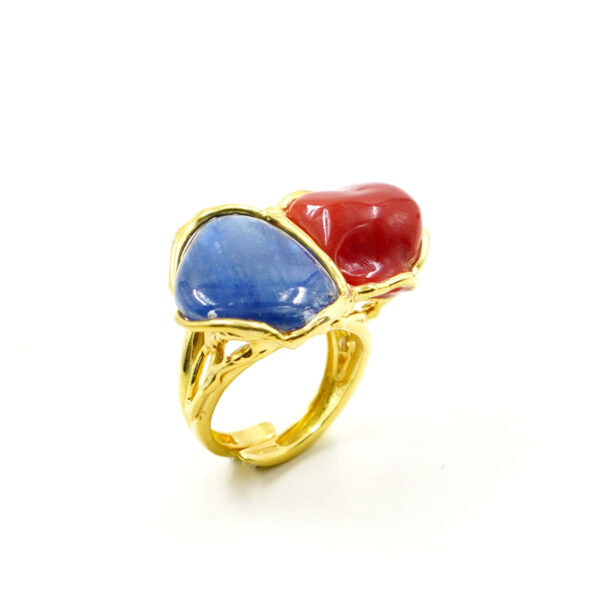 Anello Argento con corallo, cianite - Dorato