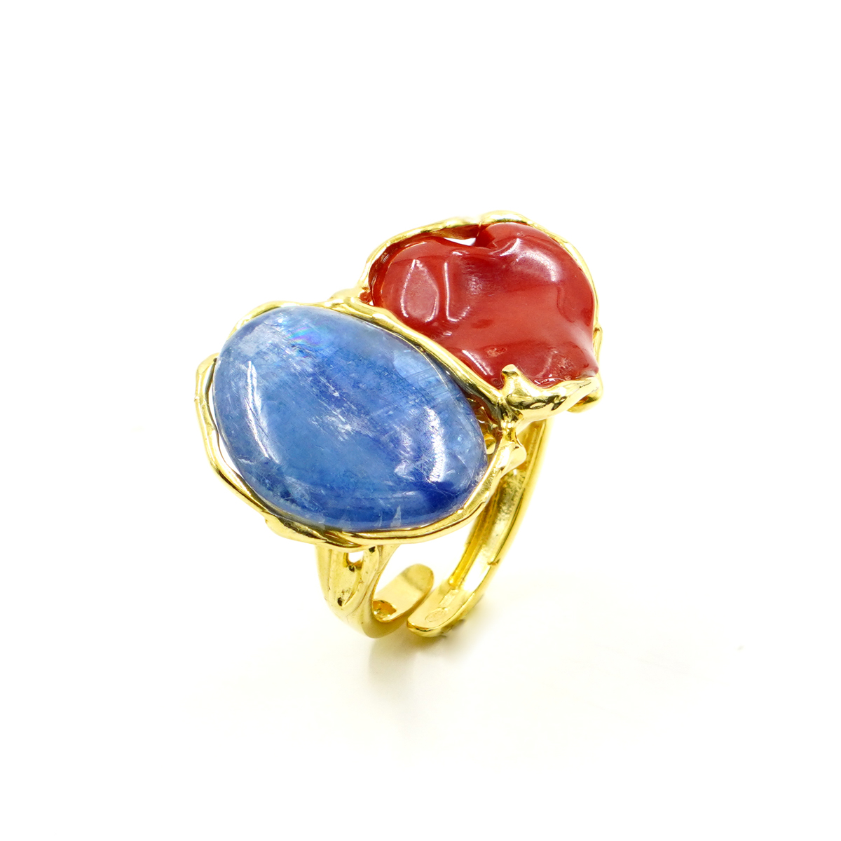 Anello Argento con corallo, cianite - Dorato - immagine 2