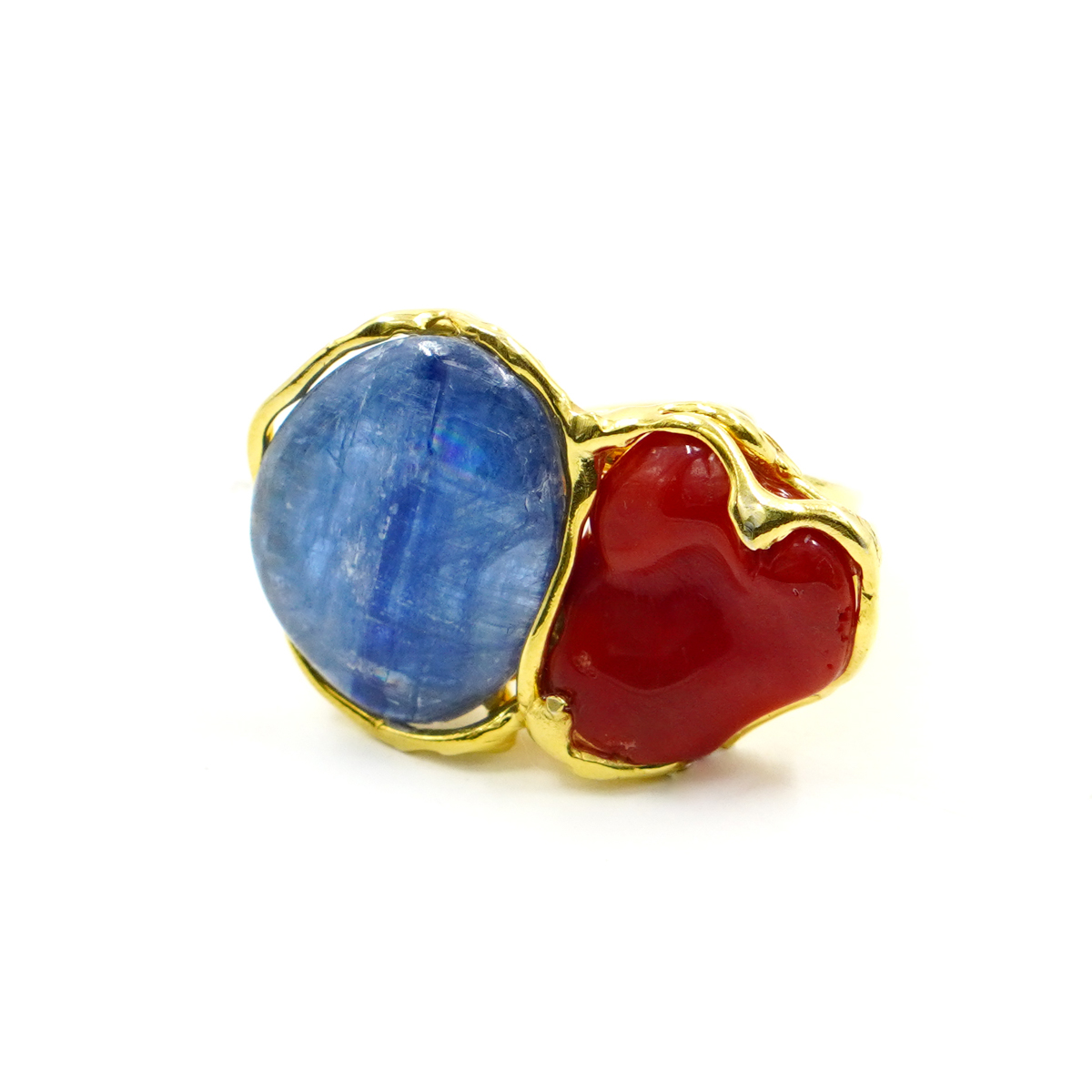 Anello Argento con corallo, cianite - Dorato - immagine 3