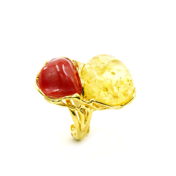 Anello Argento con Corallo, Ambra – Dorato